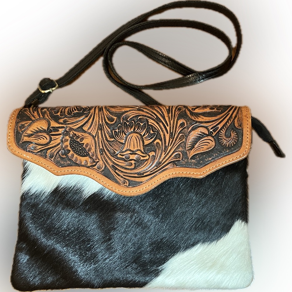 American Darling Cowhide & Tooled Leather Crossbody Western Boho Bag